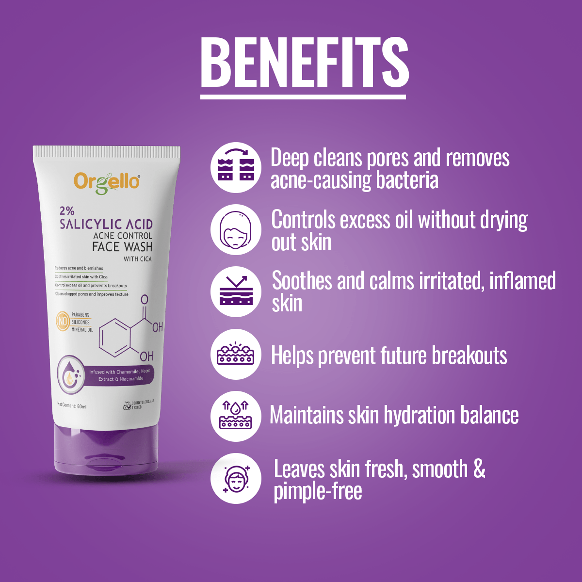 2% Salicylic acid Acne control Facewash with Cica - 60ml - simple