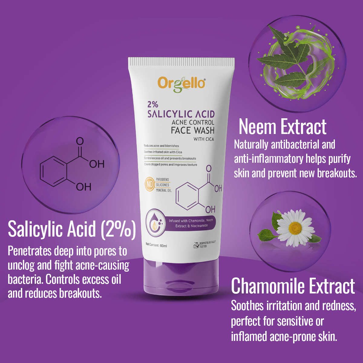 2% Salicylic acid Acne control Facewash with Cica - 60ml - simple