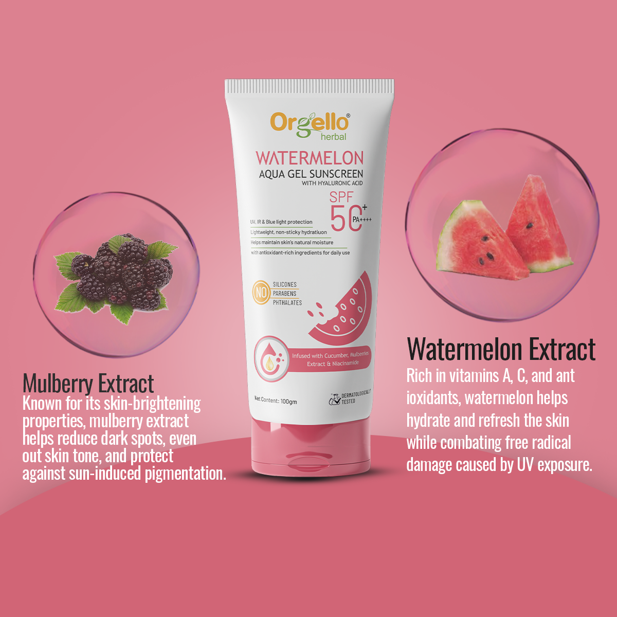 Watermelon Aqua gel Sunscreen SPF 50 + PA ++++ with Hyaluronic acid - 100g