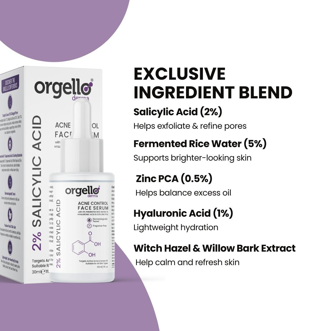 Orgello Derma 2% Salicylic Acid Acne Control Face Serum – Targets Active Acne & Excess Oil