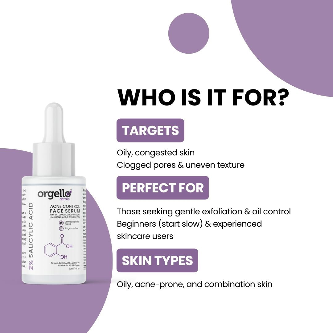Orgello Derma 2% Salicylic Acid Acne Control Face Serum – Targets Active Acne & Excess Oil