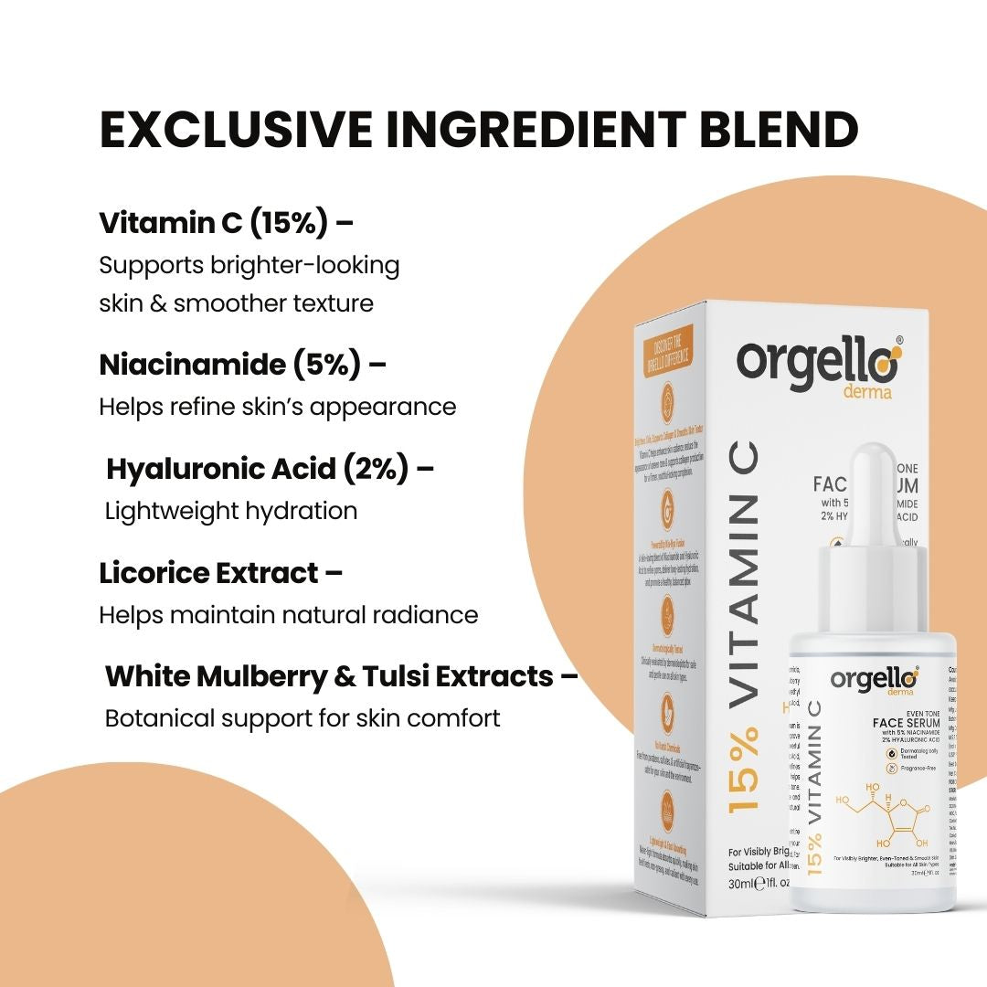 Orgello Derma 15% Vitamin C Face Serum with Niacinamide & Hyaluronic Acid – Brightening, Spot Reduction & Hydration