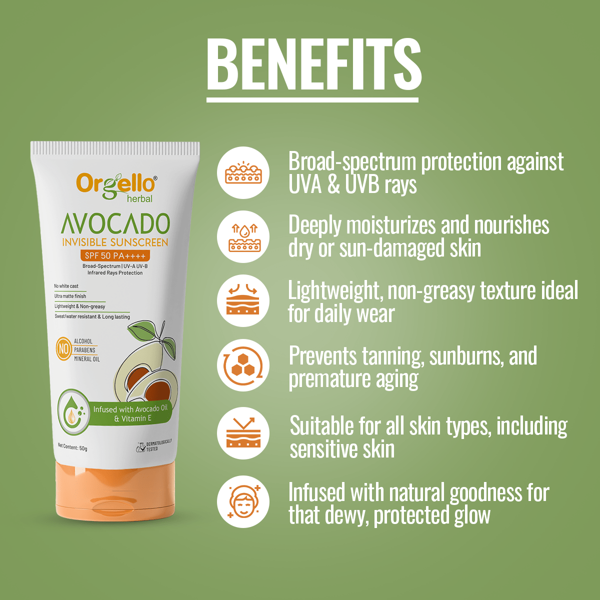 Avocado Invisible Sunscreen SPF 50 PA++++ | Broad - Spectrum UV - A & UV - B Protection | Infrared Rays Protection - 