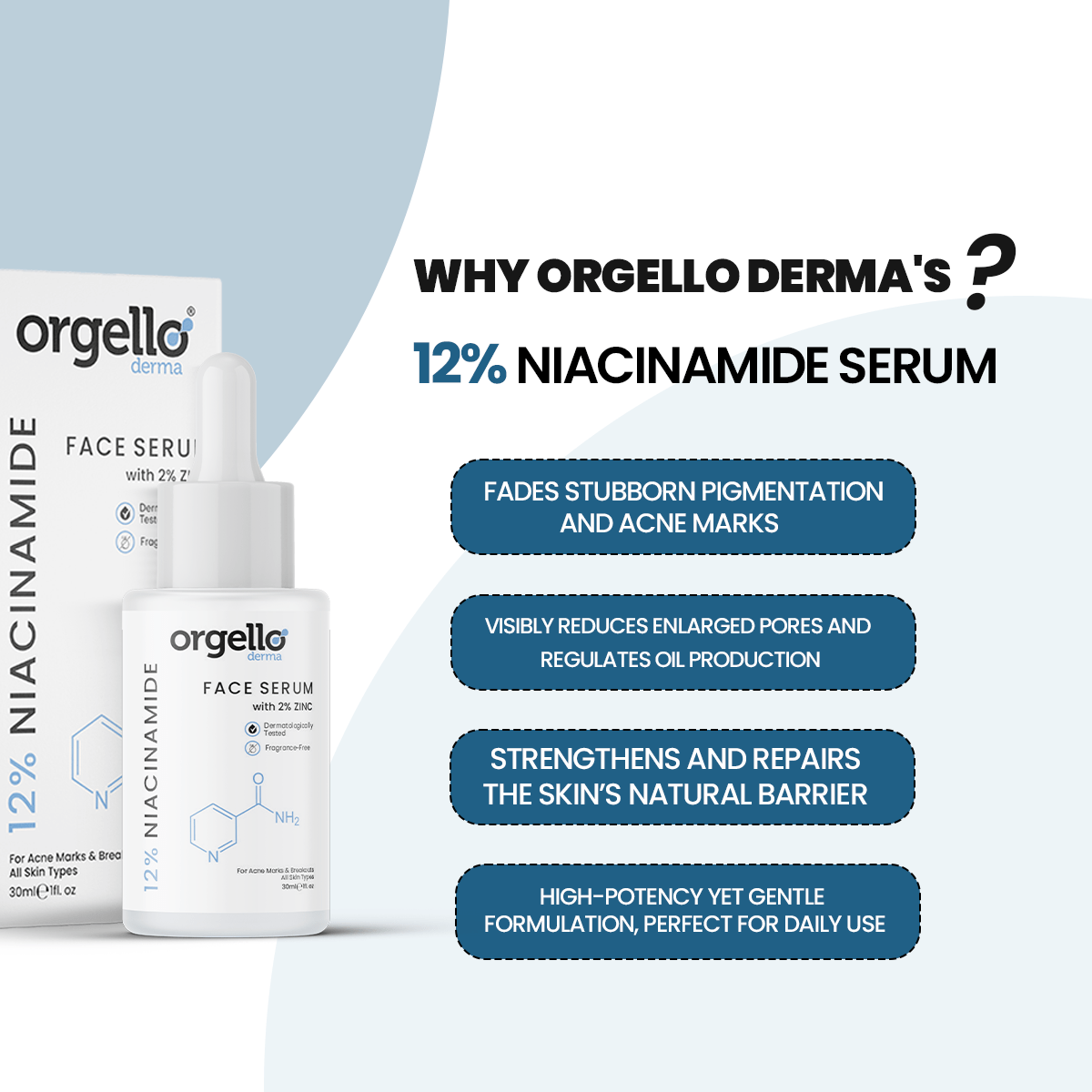 Orgello Derma 12% Niacinamide Face Serum – Clear, Balanced and Healthy Skin - 