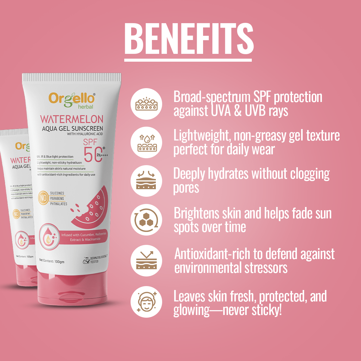 Watermelon Aqua gel Sunscreen SPF 50 + PA ++++ with Hyaluronic acid - 100g - simple