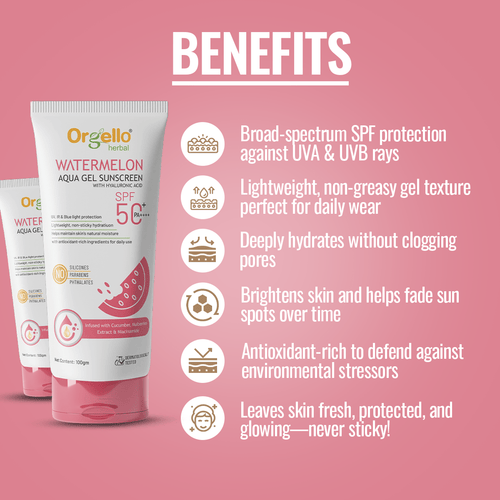Watermelon Aqua gel Sunscreen SPF 50 + PA ++++ with Hyaluronic acid - 100g
